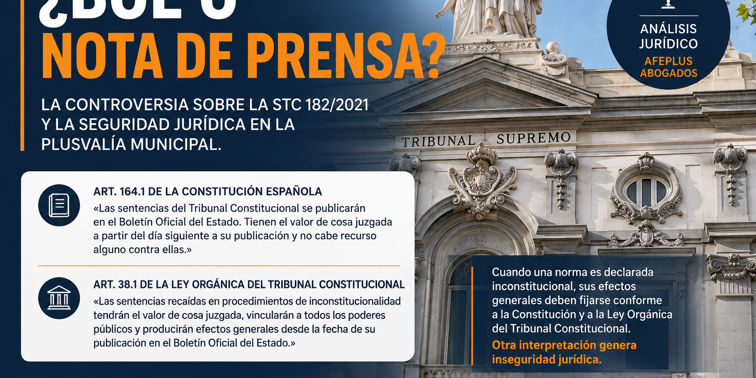 STC 182/2021: debate sobre si los efectos de la sentencia del Tribunal Constitucional deben producirse desde su publicación en el BOE o desde la nota de prensa. Análisis jurídico sobre plusvalía municipal y seguridad jurídica.